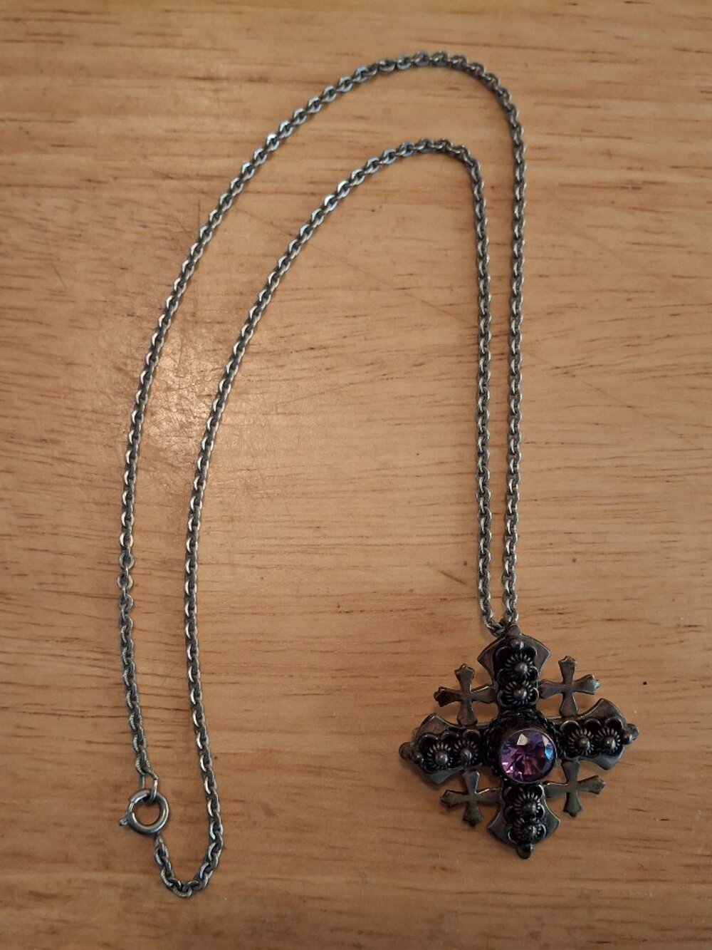 Antique Amethyst Jerusalem Cross Pendant Necklace 900 Silver Ornate Maltese Vtg
